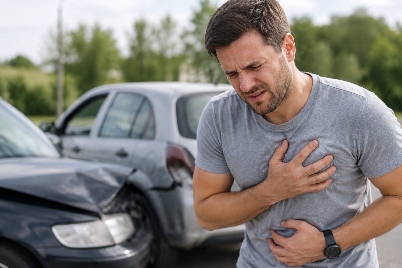 Man holding chest in pain after a car accident