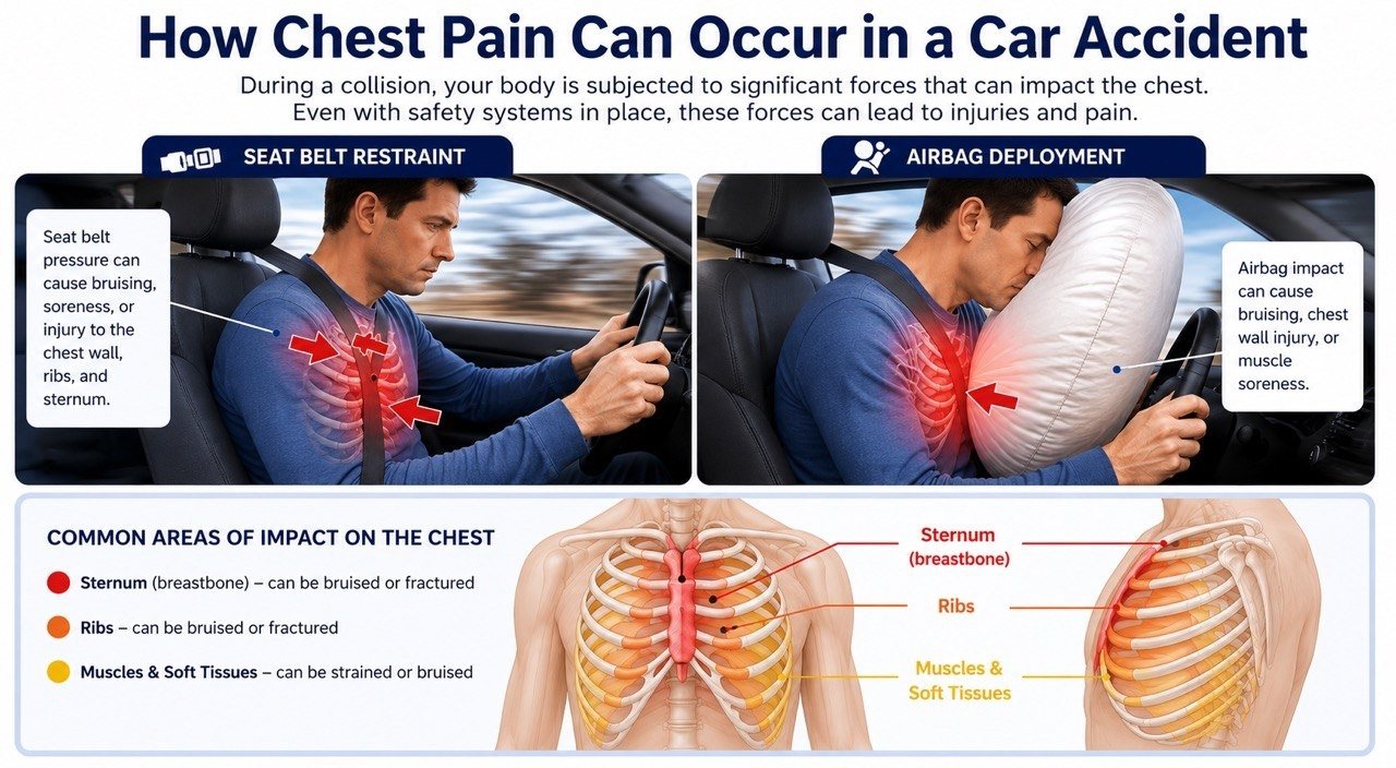 Common sources of chest trauma during a motor vehicle accident including seat belt restraint and airbag deployment