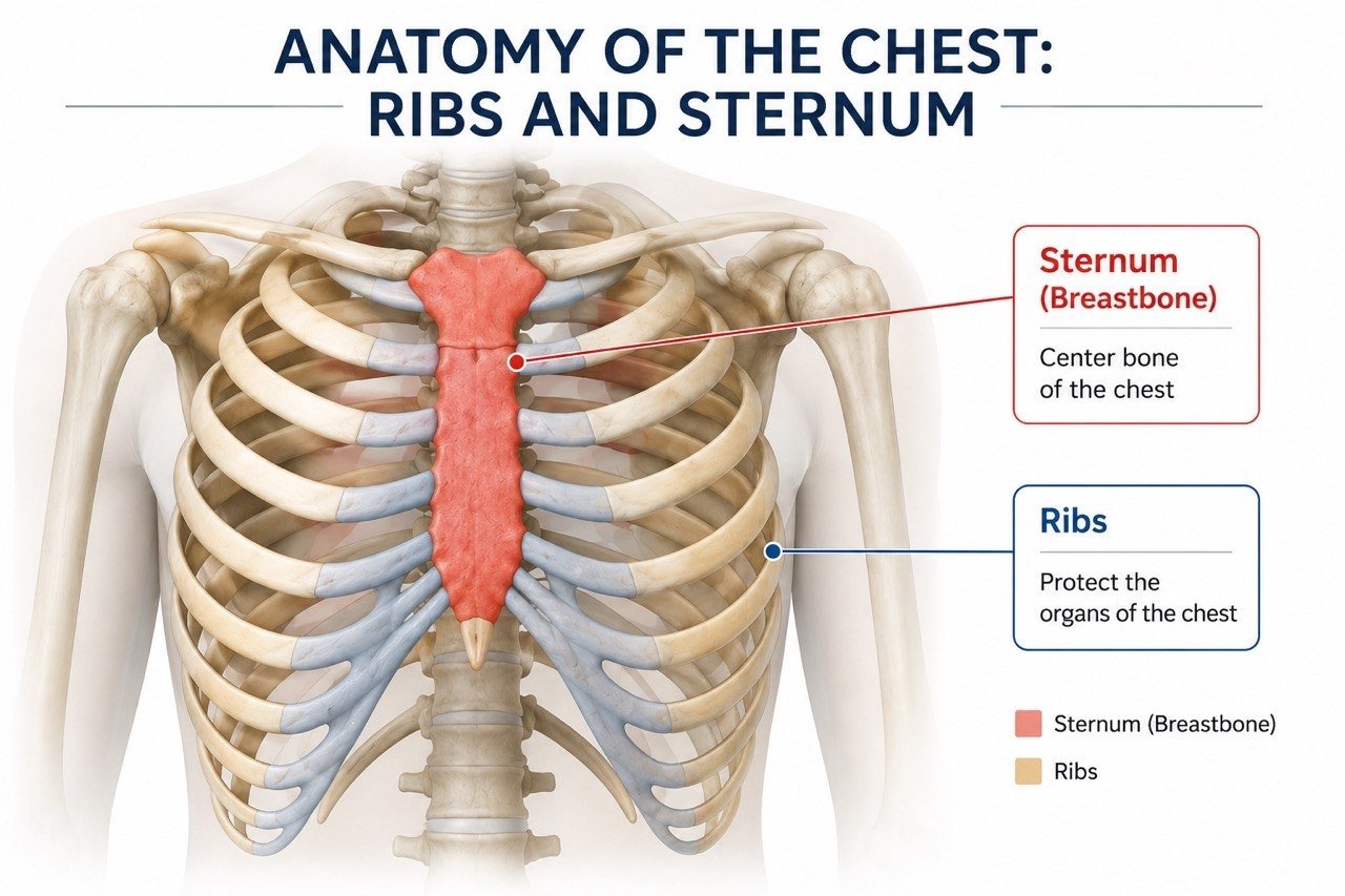 Rib and sternum structures commonly involved in chest injuries after a car accident