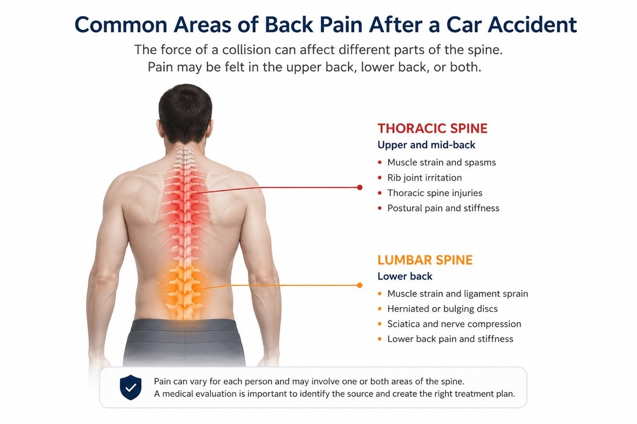 Comparison of the thoracic and lumbar regions of the spine, highlighting the most common areas of back pain after a car accident