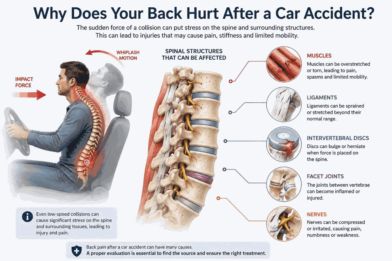 A car accident can injure multiple structures of the spine, including muscles, ligaments, intervertebral discs, facet joints and spinal nerves