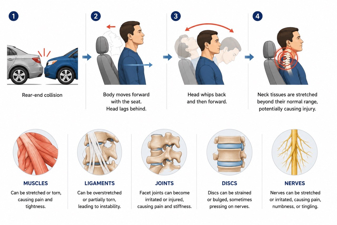 Whiplash injury mechanism after a car accident