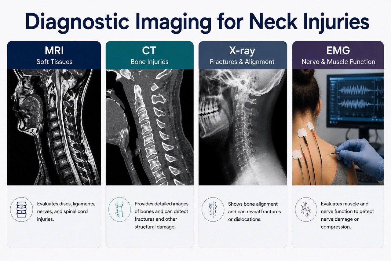 Different imaging tests help evaluate specific types of neck injuries after a car accident