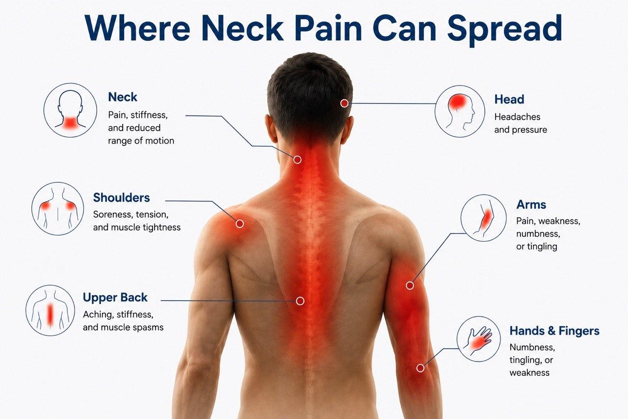Neck pain after a car accident may spread to the shoulders, upper back, arms, hands, and head