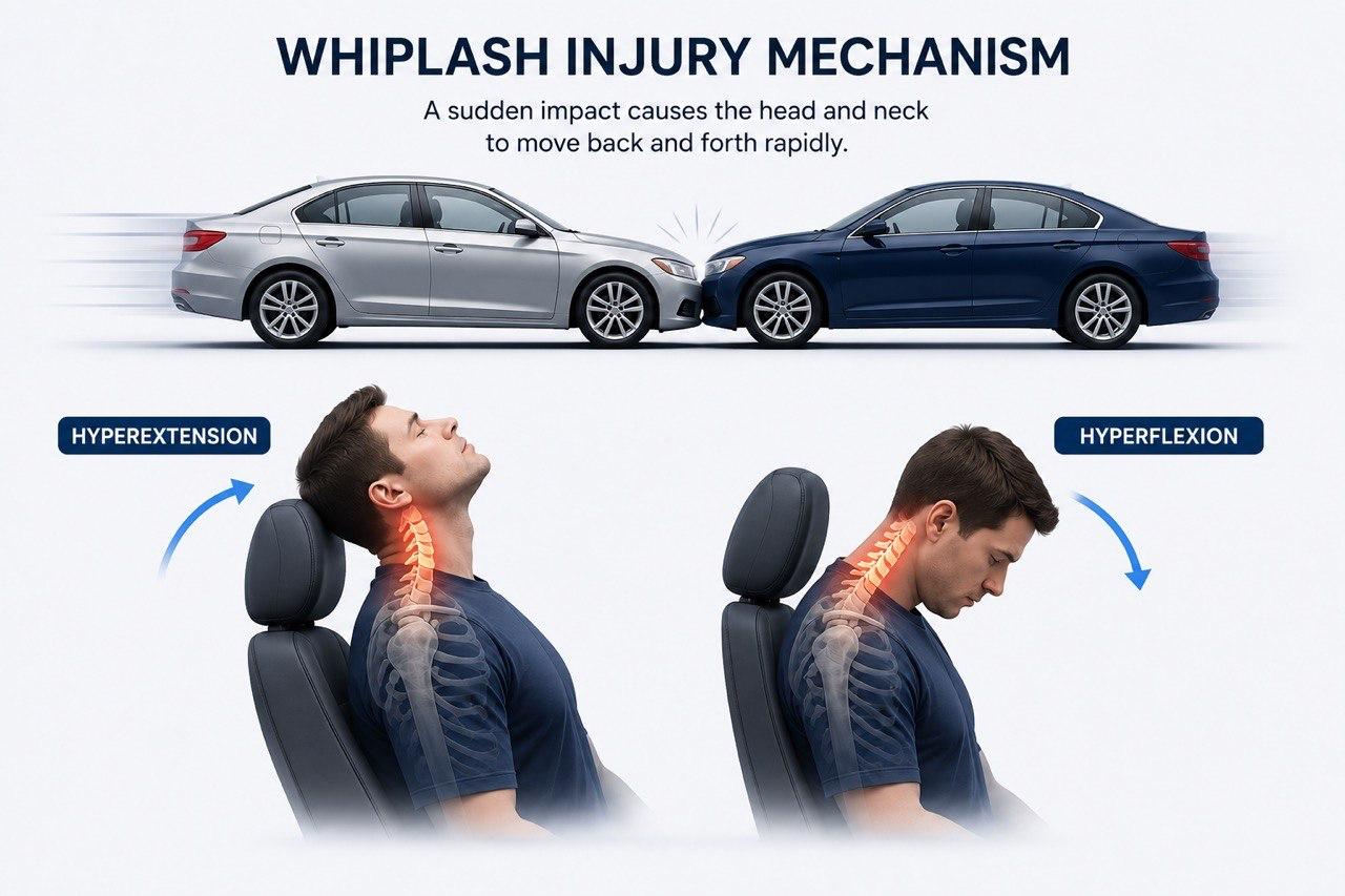 Whiplash occurs when the head is suddenly forced backward and then forward during a collision