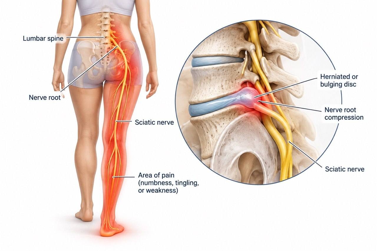Sciatic nerve pathway and nerve root compression from a herniated or bulging disc